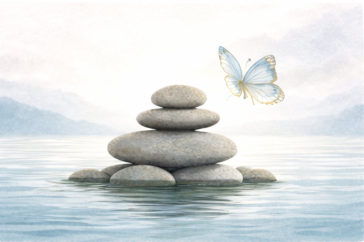 Zen stones in calm water with butterfly -- balance and healing